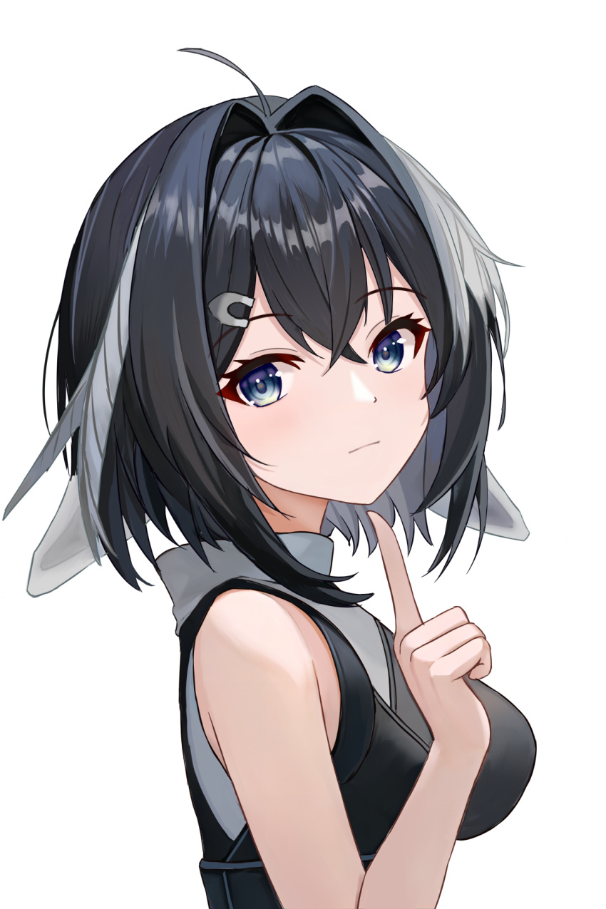 1girl, :|, ahoge, arknights, bare_shoulders, black_hair, black_shirt, blue_eyes