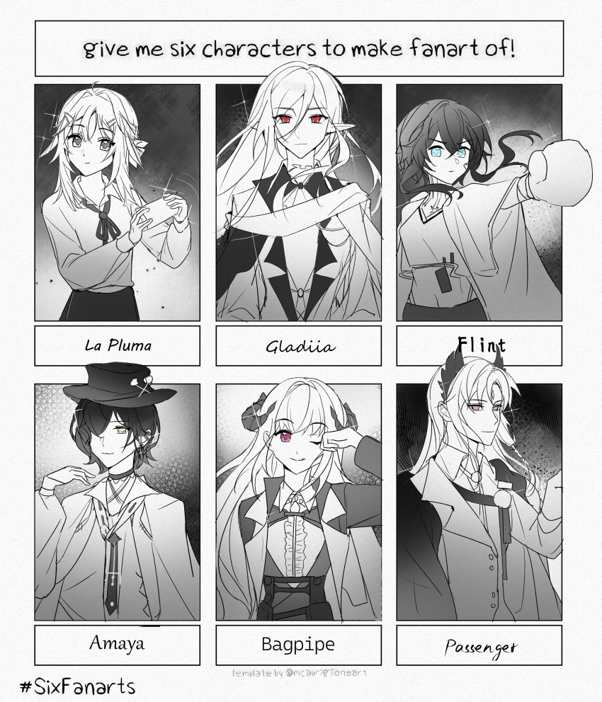 2boys, 4girls, :|, absurdres, amaia_(arknights), aqi233, arknights, bagpipe_(arknights)