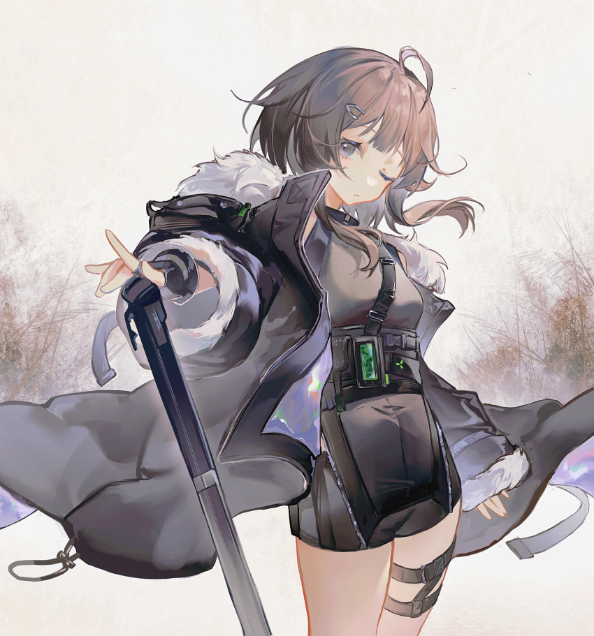1girl, 233baso4, ahoge, arknights, arm_at_side, black_gloves, black_hair, black_jacket