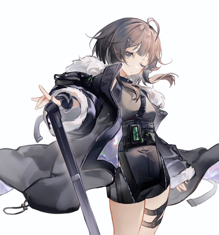 1girl, 233baso4, ahoge, arknights, arm_at_side, black_gloves, black_hair, black_jacket