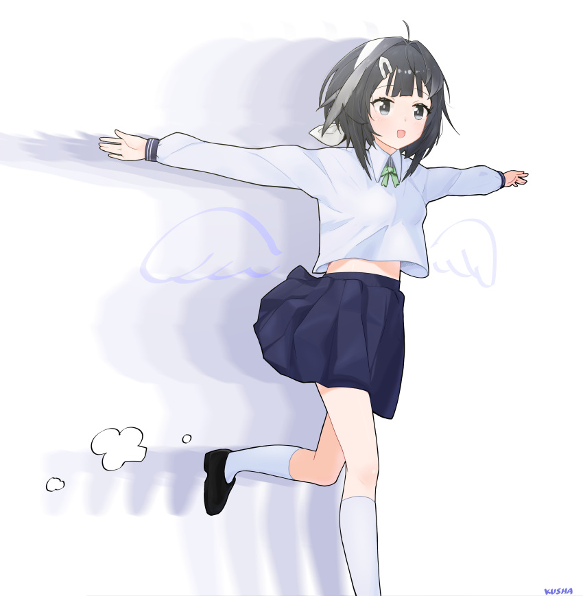 1girl, :d, absurdres, afterimage, ahoge, arknights, artist_name, black_eyes