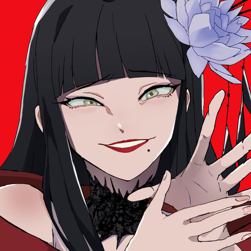 1girl, black_collar, black_hair, blunt_bangs, close-up, collar, commentary, epiphyllum