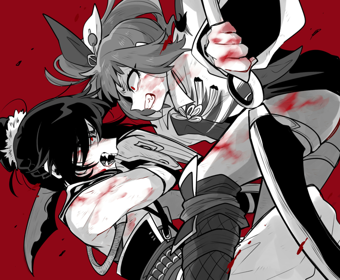 1boy, 1girl, black_hair, fighting, kunai, kunoichi_(sengoku_musou), mako_gai, ninja