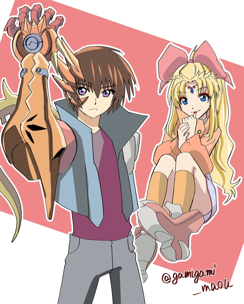 1boy, 1girl, armor, aura_maha_khyber, blonde_hair, blue_eyes, bow, brown_hair