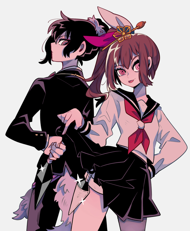 1boy, 1girl, black_hair, brown_hair, gakuran, kunai, kunoichi_(sengoku_musou), mako_gai