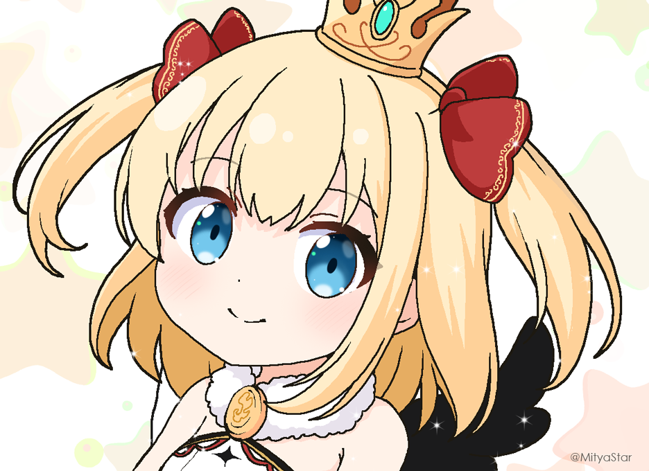 1girl, artist_name, blonde_hair, blue_eyes, closed_mouth, hair_ribbon, looking_at_viewer, marl_(shironeko_project)