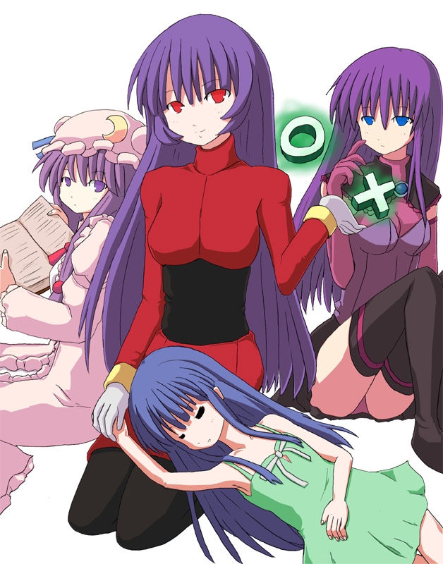 black_pantyhose, book, character_request, closed_eyes, crescent, crescent_moon, crossover, dress, furude_rika, gloves, hat, higurashi_no_naku_koro_ni, long_hair, look-alike, malariya, misahiro, natsume_(pokemon), o_x, panties, pantyhose, patchouli_knowledge, pokemon, pokemon_(game), pokemon_rgby, purple_eyes, purple_hair, quiz_magic_academy, red_eyes, skirt, thigh-highs, thighhighs, touhou, underwear, violet_eyes