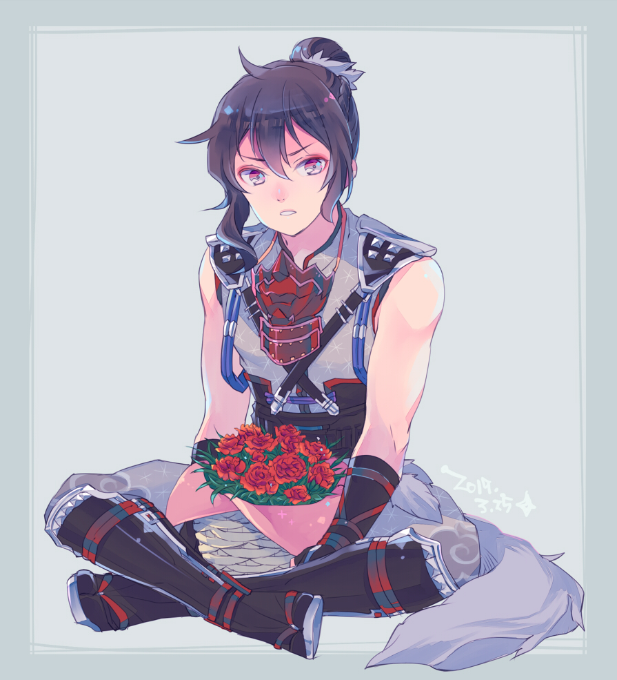 1boy, basket, brown_hair, flower, ninja, red_flower, saki_(hxaxcxk), sarutobi_sasuke_(sengoku_musou)