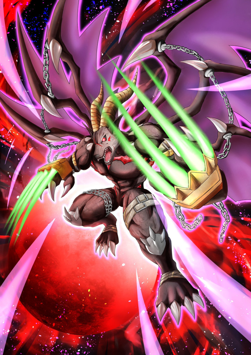 belphemon, belphemon_rage_mode, chain, claws, demon, digimon, dowa_d_715, energy_blade, energy_claws, furry, highres, horns, moon, multiple_wings, no_humans, red_eyes, red_moon, sharp_teeth, teeth, wings