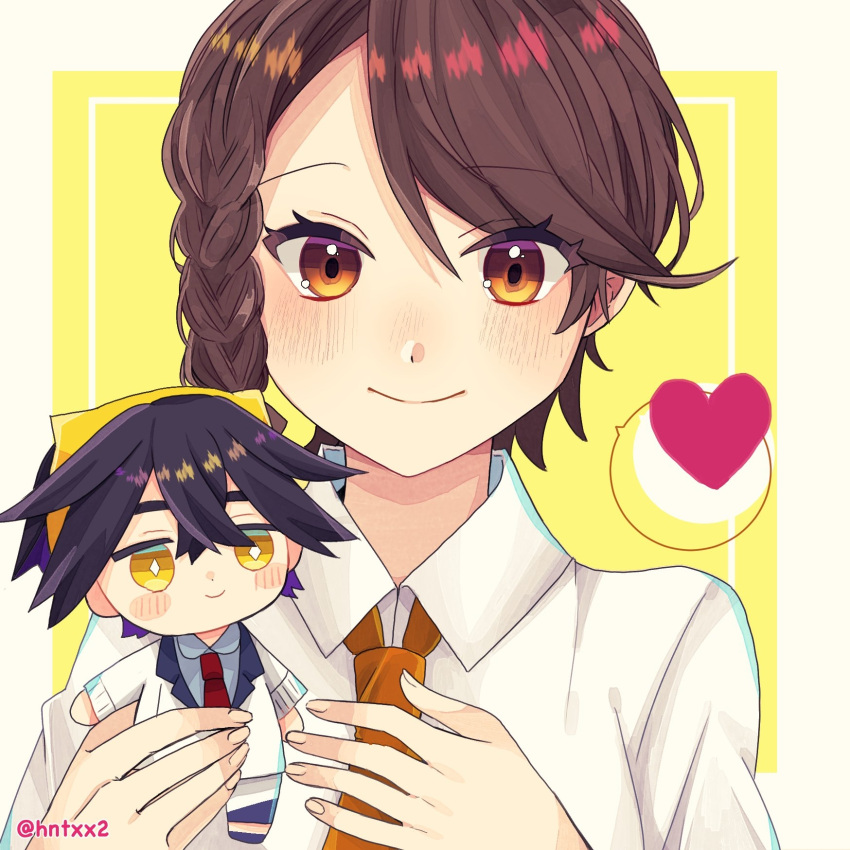 1girl, blush, braid, brown_eyes, brown_hair, character_doll, closed_mouth, collared_shirt, commentary_request, doll, eyelashes, heart, highres, holding, holding_doll, juliana_(pokemon), kieran_(pokemon), looking_at_viewer, mashiba_(masiba88), necktie, pokemon, pokemon_sv, shirt, smile, solo, spoken_heart, upper_body, yellow_background