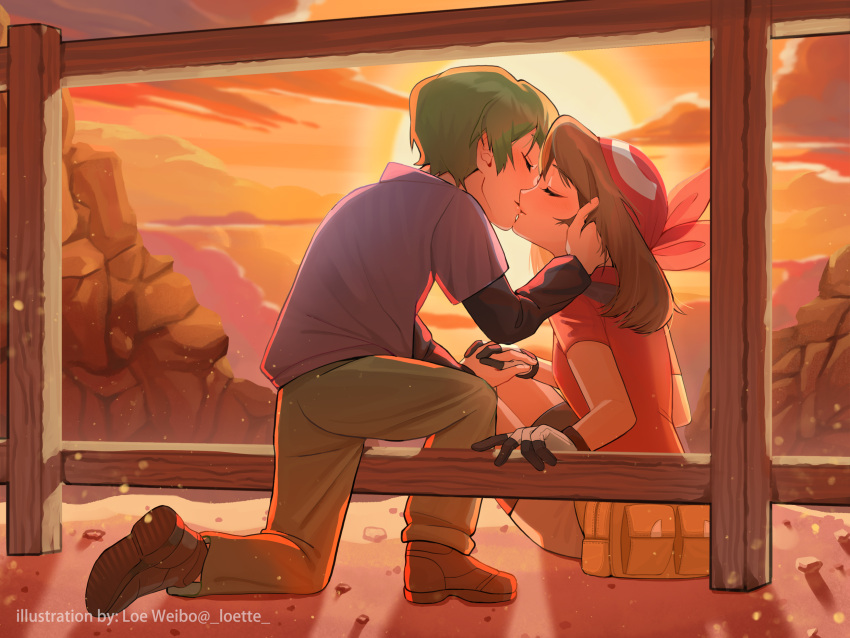 1boy, 1girl, bandana, closed_eyes, clouds, commentary_request, drew_(pokemon), fanny_pack