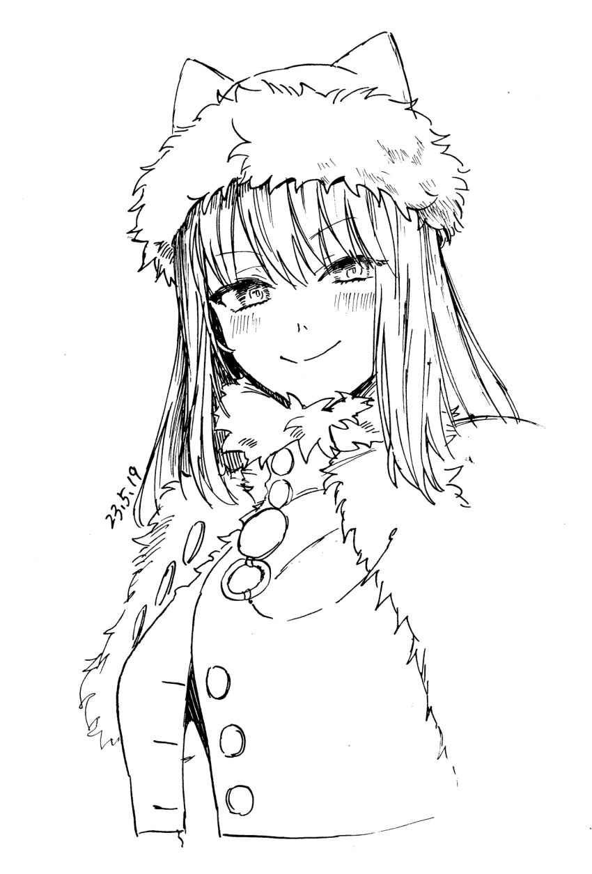 1girl, animal_ear_headwear, blush, buttons, capelet, closed_mouth, cropped_torso, dated