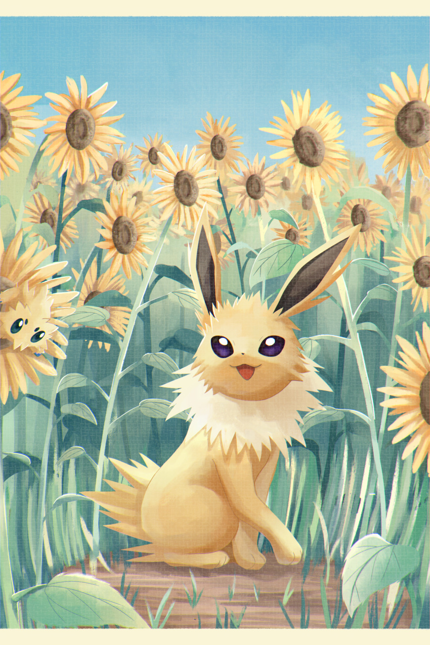 :d, absurdres, animal_focus, commentary_request, day, flower, highres, jolteon