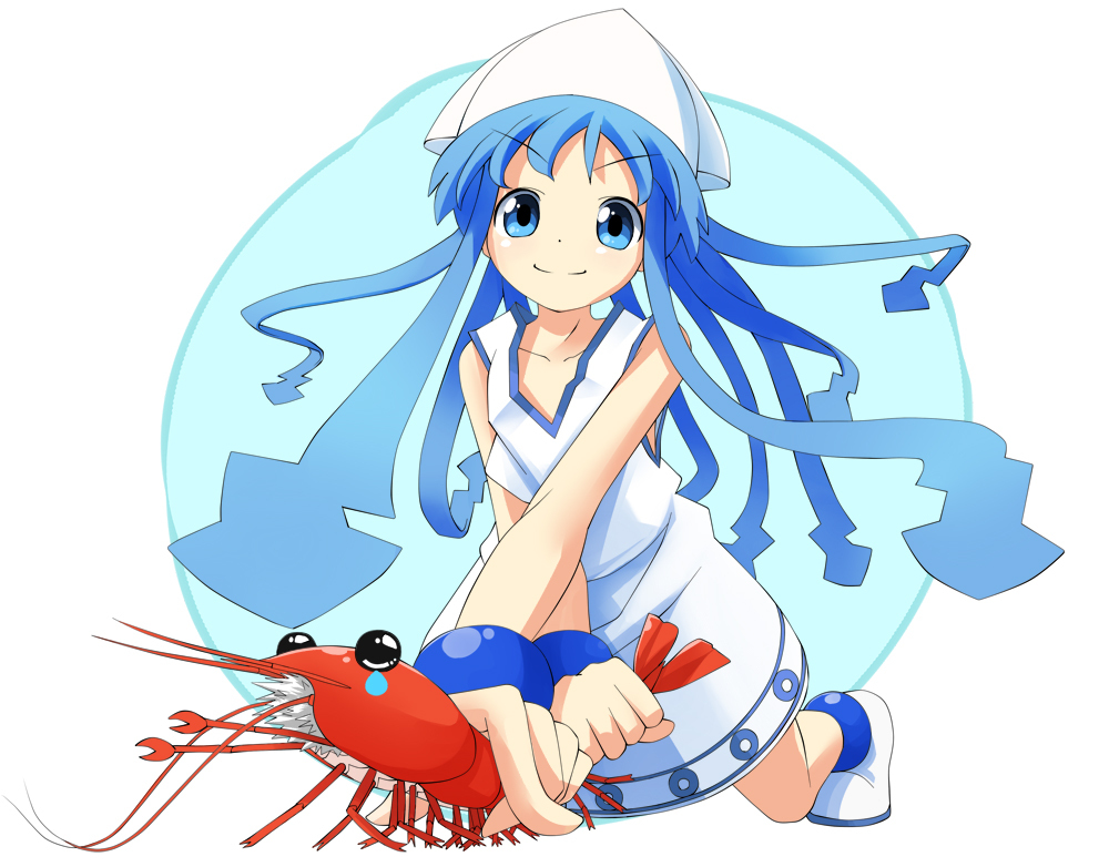 blue_hair, bracelet, dress, hat, ikamusume, jewelry, long_hair, naono