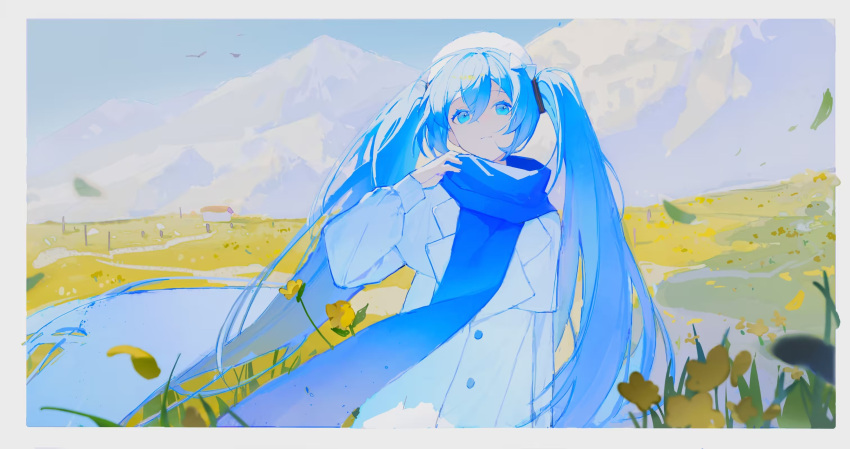 1girl, beret, blue_eyes, blue_hair, blue_scarf, blue_sky, border, bow