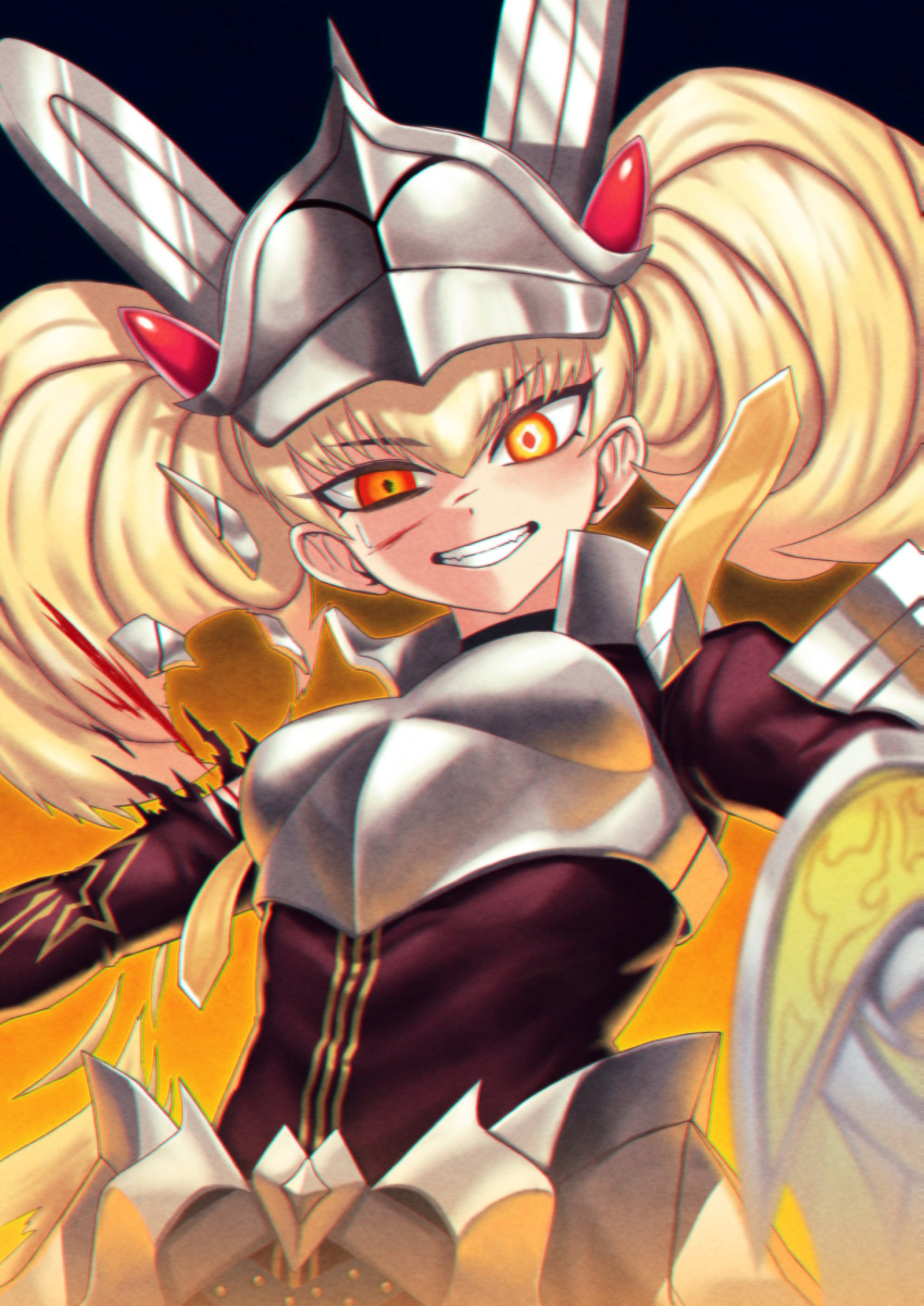 1girl, armor, blonde_hair, blood, blood_on_face, breastplate, centur-ion_primera, duel_monster, gradient_background, grin, helmet, highres, injury, long_hair, orange_eyes, smile, twintails, yu-gi-oh!, zidai_okuraven