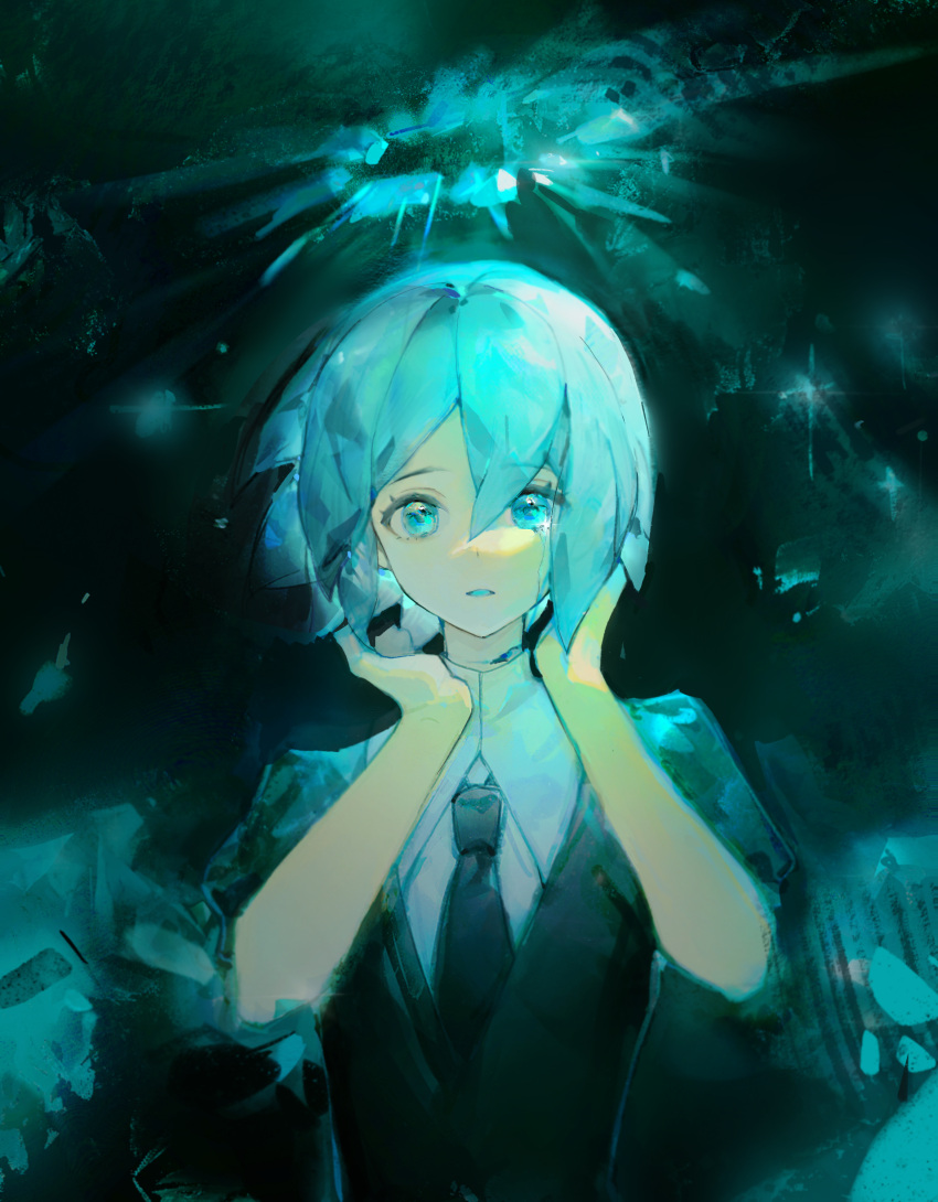 1other, absurdres, androgynous, black_jacket, black_necktie, blue_eyes, blue_hair, blue_halo