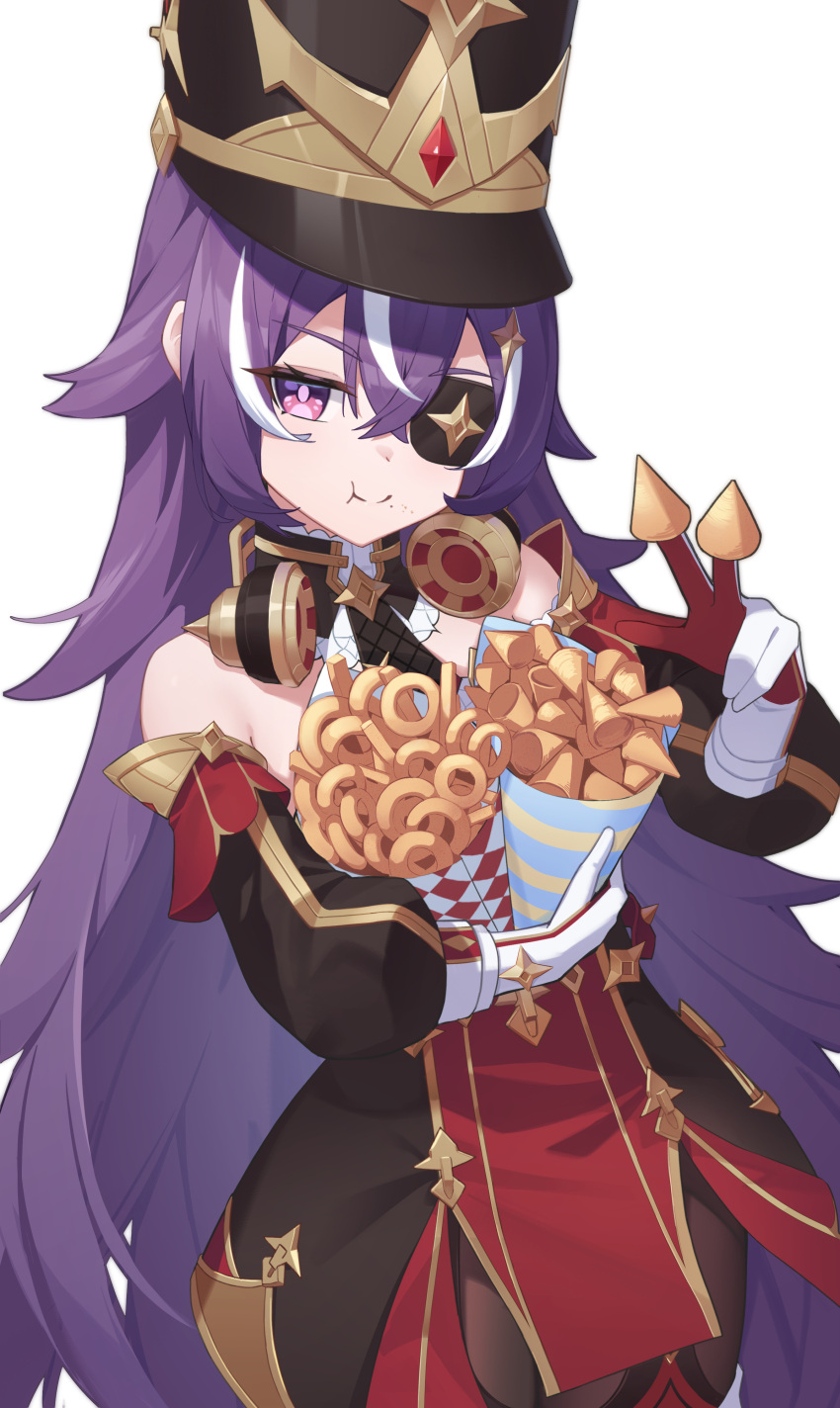 1girl, :t, absurdres, bare_shoulders, black_dress, black_headwear, chevreuse_(genshin_impact), commentary_request