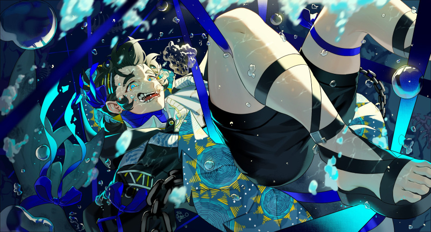 asphyxiation, bubble, chain, crazy, drowning, floating, glowing, highres