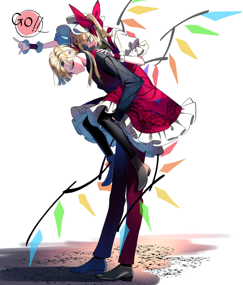 1boy, 1girl, blonde_hair, carrying, closed_mouth, english_text, expressionless, flandre_scarlet