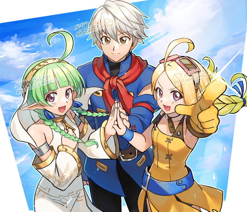 1boy, 2girls, absurdres, ahoge, aika_(eternal_arcadia), aika_(eternal_arcadia)_(cosplay), betabetamaru, black_pants