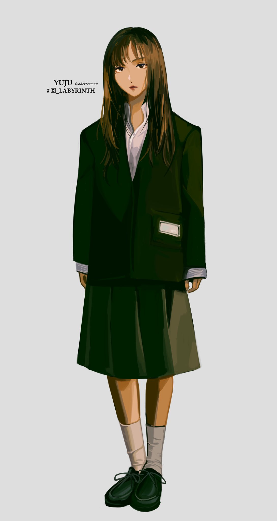 1girl, adirosa, black_jacket, brown_hair, english_commentary, full_body, gfriend, grey_background