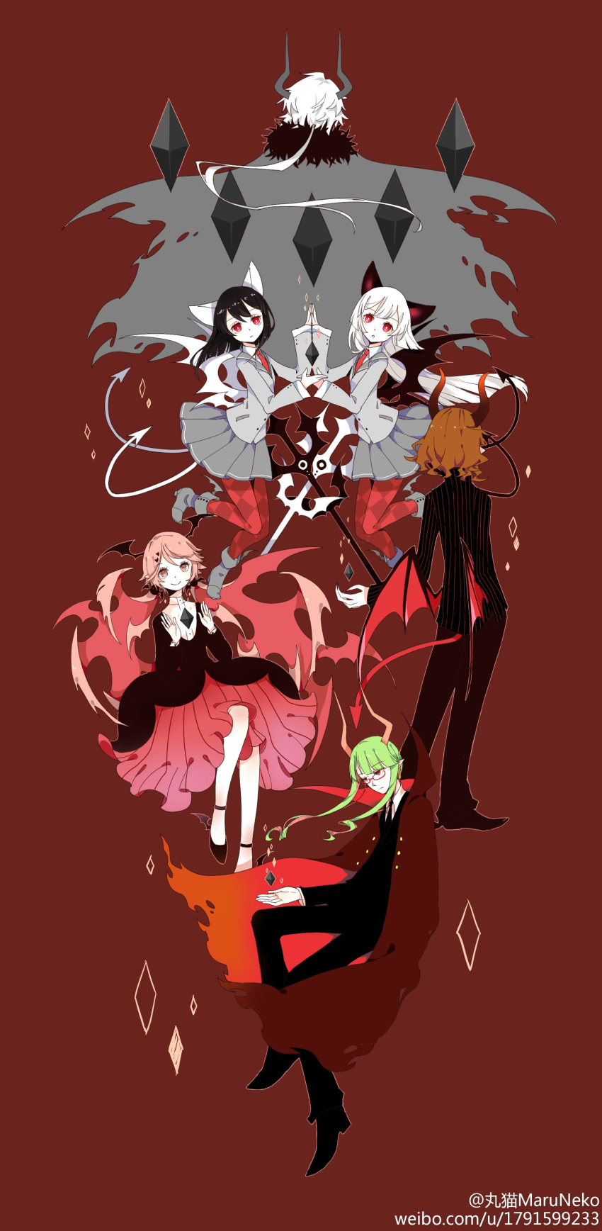 3boys, 3girls, absurdres, arbus, ater, black_dress, black_hair, black_suit