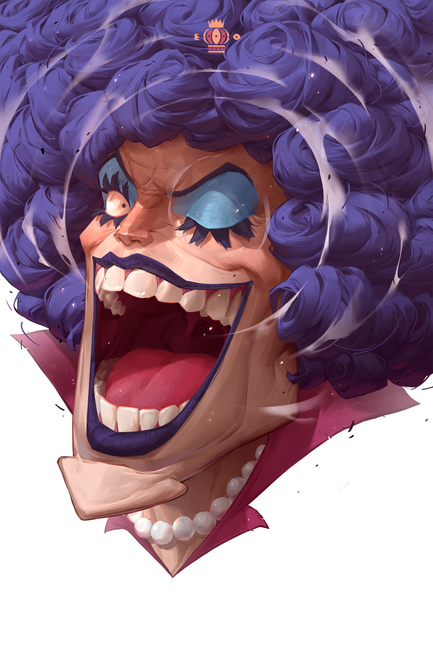 1boy, :d, absurdres, afro, black_hair, blue_eyeshadow, constricted_pupils, cropped_head