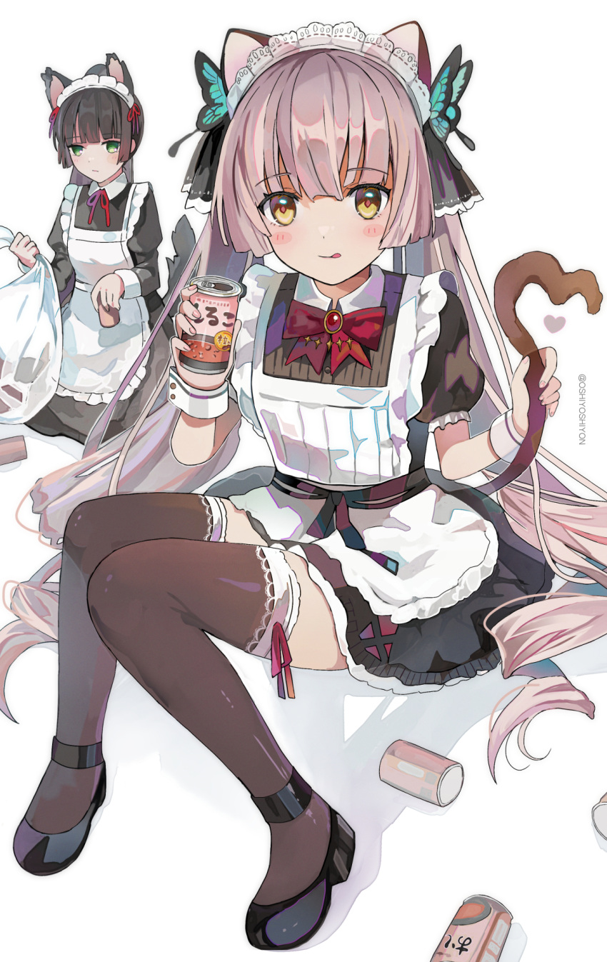 2girls, animal_ears, black_hair, black_thighhighs, blunt_ends, butterfly_hair_ornament, can, cat_ears
