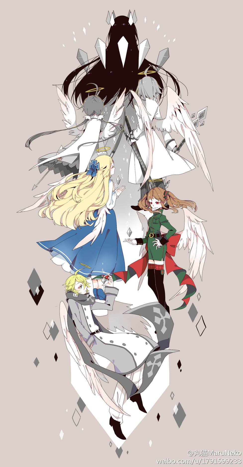 2boys, 4girls, ahoge, alela_grora, angel, angel_wings, black_hair, blonde_hair