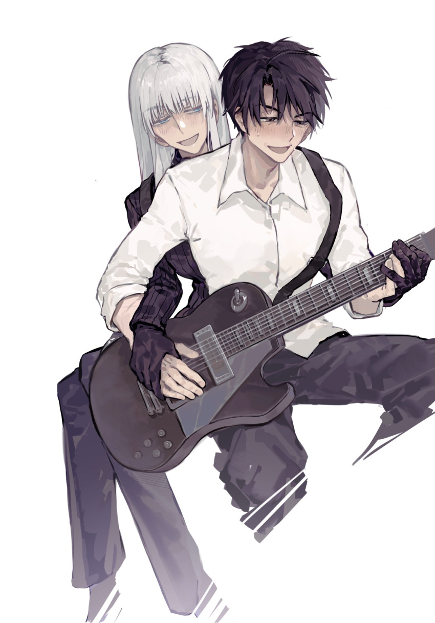 1boy, 1girl, black_gloves, black_hair, blue_eyes, blush, character_request, collared_shirt, copyright_request, cowboy_shot, electric_guitar, fish_nwn, gloves, guitar, highres, holding_hands, instrument, open_mouth, shirt, short_hair, simple_background, suit, sweat, white_background, white_hair, white_shirt