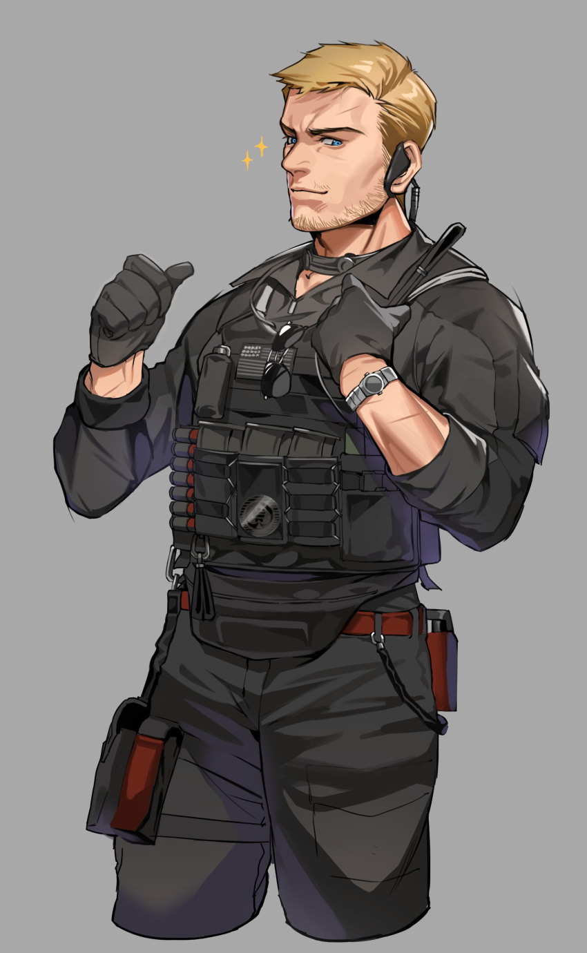 1boy, absurdres, black_gloves, black_pants, black_shirt, blonde_hair, blue_eyes, bulletproof_vest, call_of_duty, call_of_duty:_modern_warfare_2, closed_mouth, collared_shirt, coni0771, facial_hair, gloves, grey_background, highres, male_focus, pants, philip_graves, phillip_graves, pointing, pointing_at_self, shirt, short_hair, simple_background, smile, solo, watch, watch