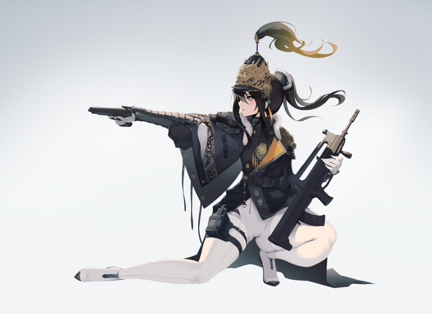1girl, 9h, absurdres, assault_rifle, black_hair, bodysuit, bracer, brown_eyes