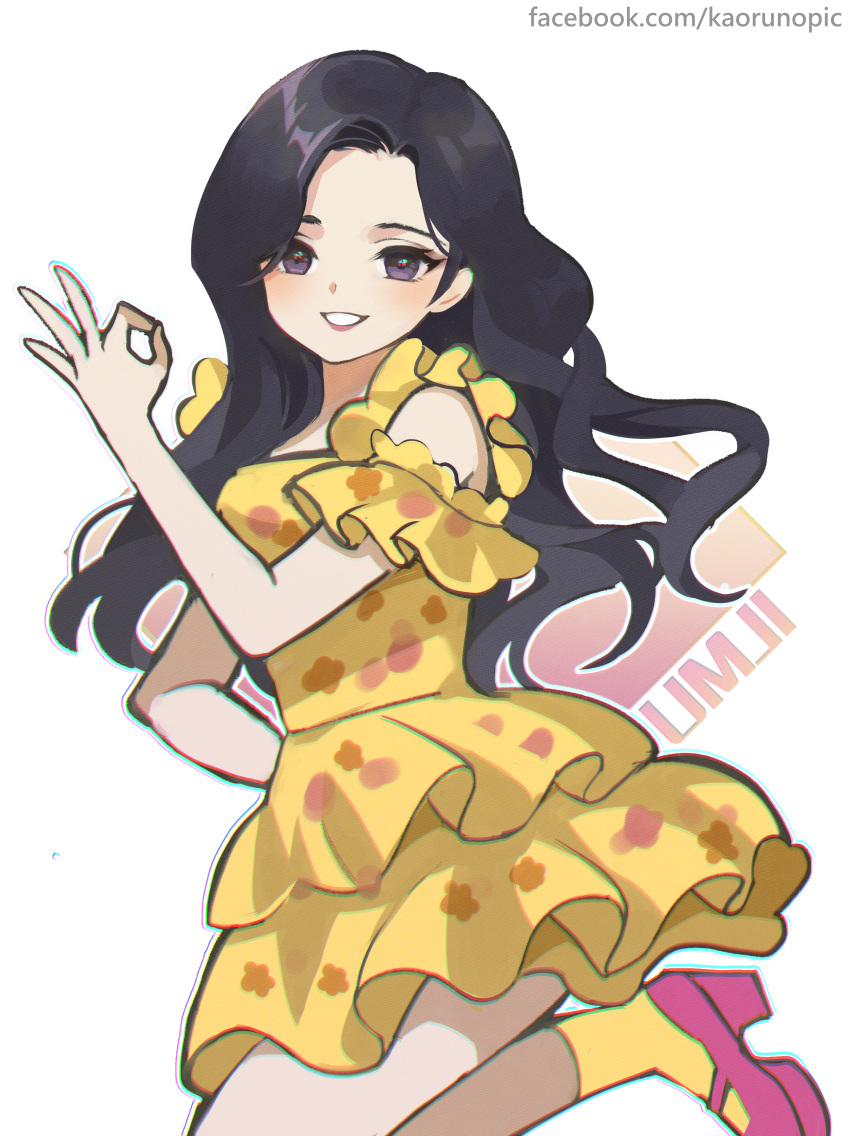 1girl, absurdres, arm_up, black_hair, chinese_commentary, commentary, dress, frilled_dress