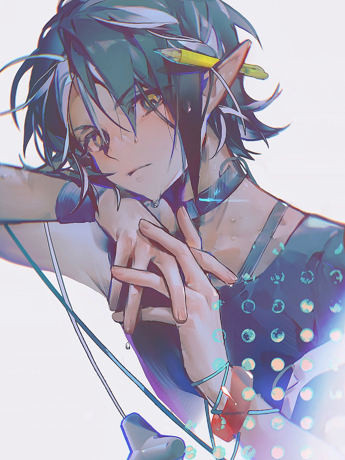 1boy, arknights, arm_up, black_hair, blue_shirt, bracelet, chinese_commentary, commentary_request, frown, highres, infection_monitor_(arknights), interlocked_fingers, jewelry, looking_at_viewer, male_focus, messy_hair, minimalist_(arknights), minimalist_(holiday)_(arknights), pencil_behind_ear, pointy_ears, shirt, simple_background, solo, upper_body, white_background, yellow_eyes, yuan_quanquan_ren