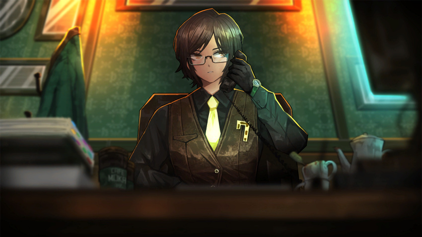 1girl, black_gloves, black_shirt, brown_hair, brown_vest, collared_shirt, corded_phone, game_cg