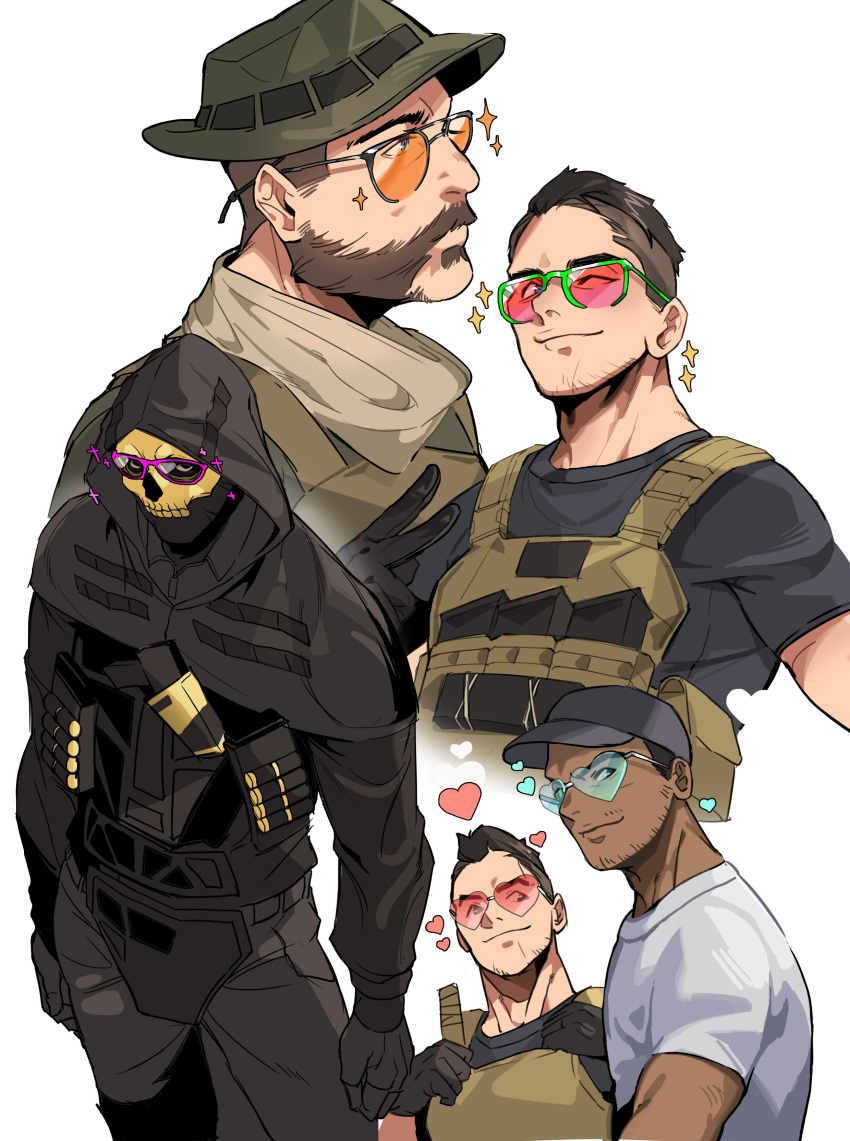 4boys, absurdres, aqua-tinted_eyewear, baseball_cap, beard, black_gloves, black_hair, black_pants