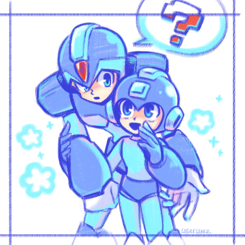 2boys, ?, artist_name, blue_eyes, green_eyes, highres, humanoid_robot, laser-lance