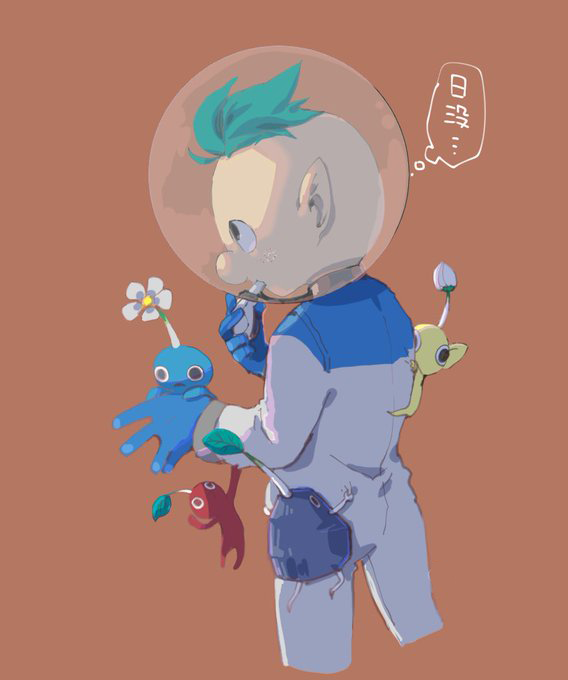 1boy, 2donemuru, alph_(pikmin), aqua_hair, big_nose, black_eyes, black_skin, blue_gloves