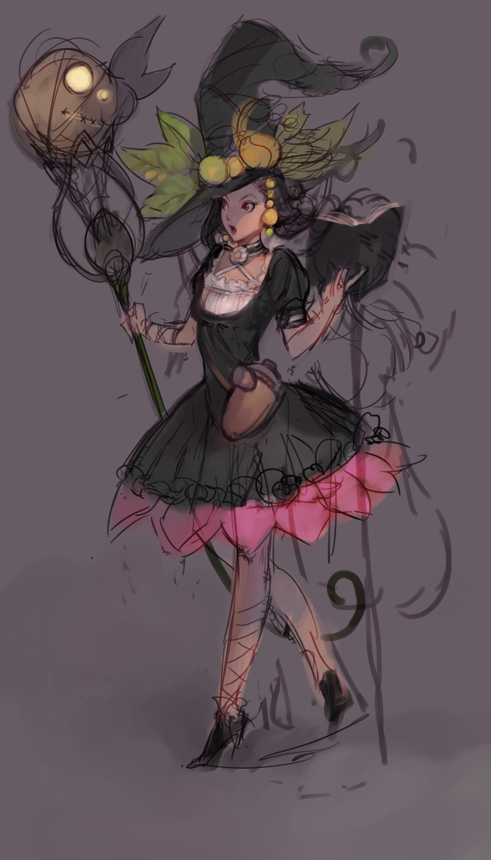 broom, dress, hat, highres, pablo, sketch, solo, witch, witch_hat