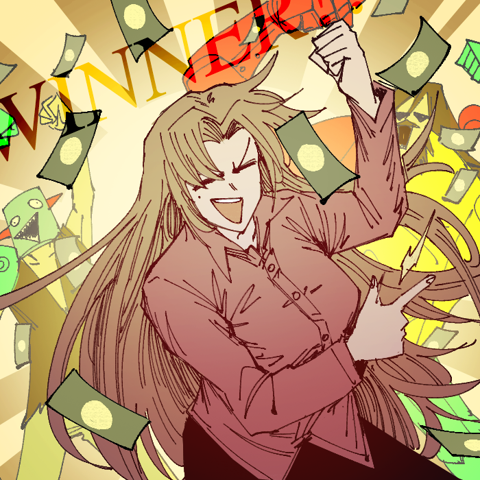 1girl, 2others, banknote, brown_hair, cowboy_shot, english_text, hand_up, lawzanid, limbus_company, long_hair, mole, mole_under_eye, money, multiple_others, open_mouth, project_moon, red_shirt, rodion_(project_moon), shirt, solo_focus