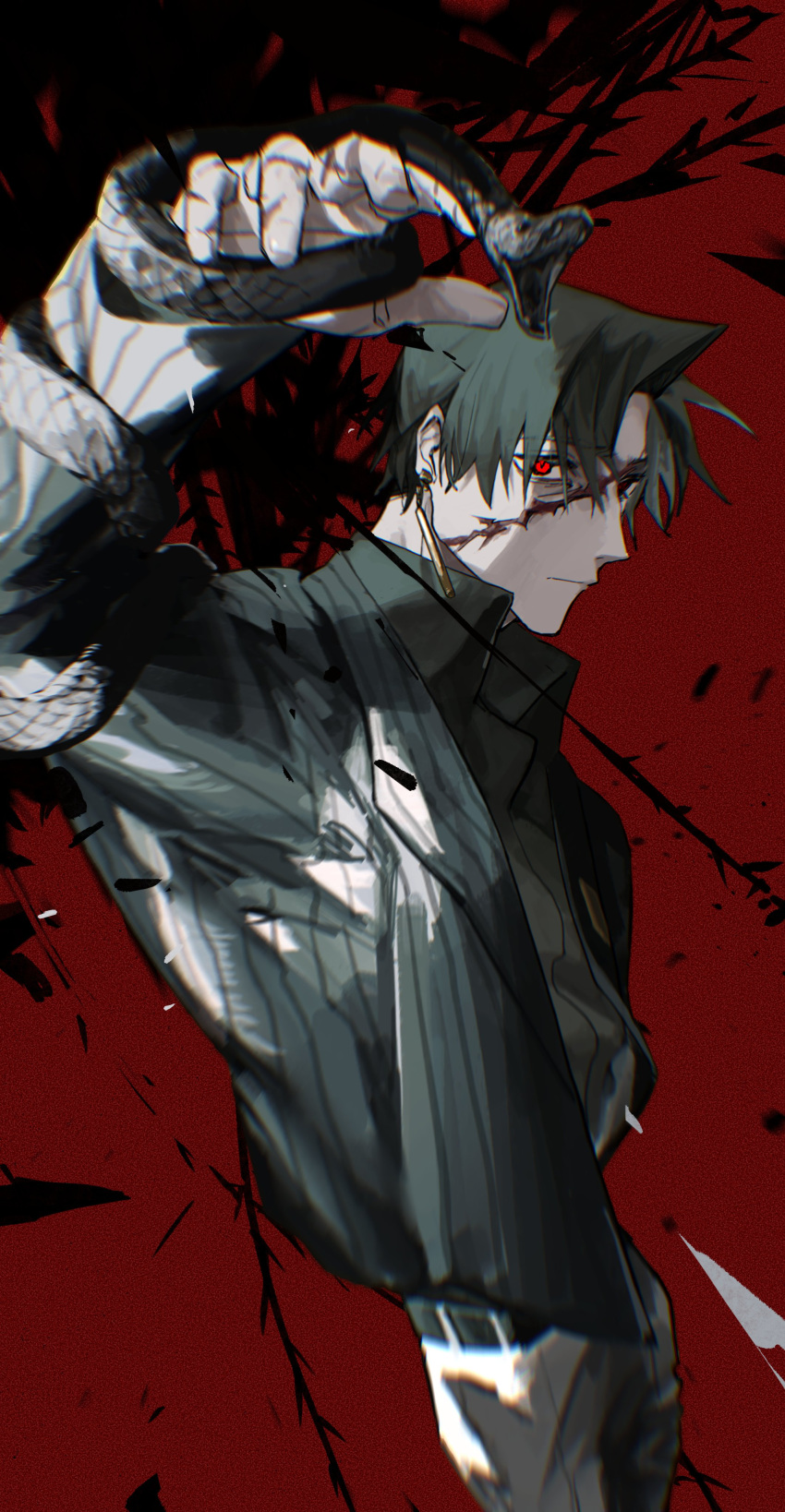 1boy, absurdres, collared_shirt, cowboy_shot, earrings, grey_hair, grey_shirt, highres, jewelry, limbus_company, male_focus, project_moon, red_background, red_eyes, scar, scar_on_face, shirt, simple_background, snake, solo, vergilius_(project_moon), yuya_reyuya