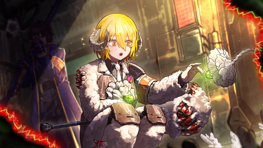 2girls, armband, armor, bandaged_hand, bandages, belt, blonde_hair, blood, blood_on_teeth, blue_coat, bob_cut, brown_hair, bulletproof_vest, coat, collared_shirt, don_quixote_(project_moon), e.g.o_(project_moon), game_cg, grey_shirt, gun, hammer, highres, horns, knee_pads, light_bulb, limbus_company, meat_lantern_(project_moon), multiple_girls, nai_ga, necktie, official_art, open_clothes, open_coat, outis_(project_moon), project_moon, rifle, sharp_teeth, sheep_horns, shirt, short_hair, shoulder_armor, solo_focus, teeth, weapon, yellow_eyes
