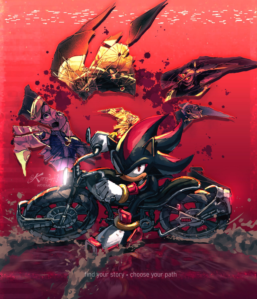 1girl, 4boys, absurdres, black_arms_insignia, black_doom, broken_glass, commander_(sonic), drifting