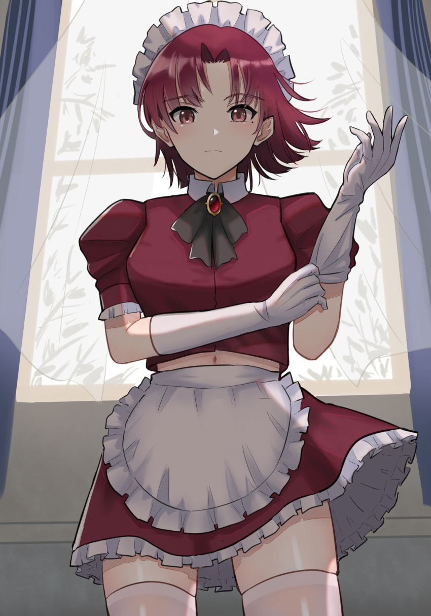 1girl, apron, bazett_fraga_mcremitz, breasts, curtains, fate/hollow_ataraxia, fate_(series), gem