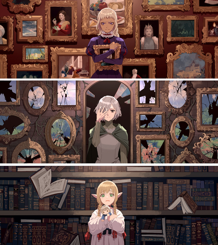 3girls, blonde_hair, blush, book, bookshelf, braid, broken_mirror, cape