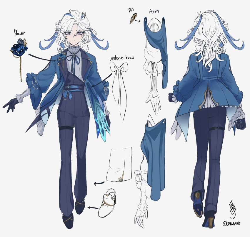1boy, aged_down, bishounen, black_gloves, blue_hair, flower, full_body, genshin_impact