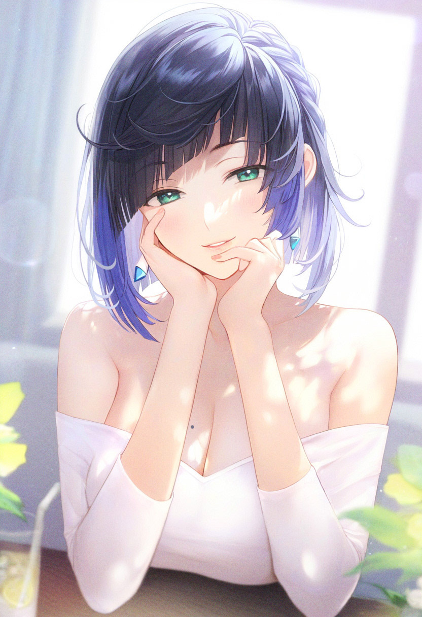 1girl, ai-generated, blue_hair, breasts, dating, diagonal_bangs, earrings, genshin_impact, green_eyes, highres, jewelry, large_breasts, looking_at_viewer, mole, mole_on_breast, nekocypher, smile, solo, yelan_(genshin_impact)