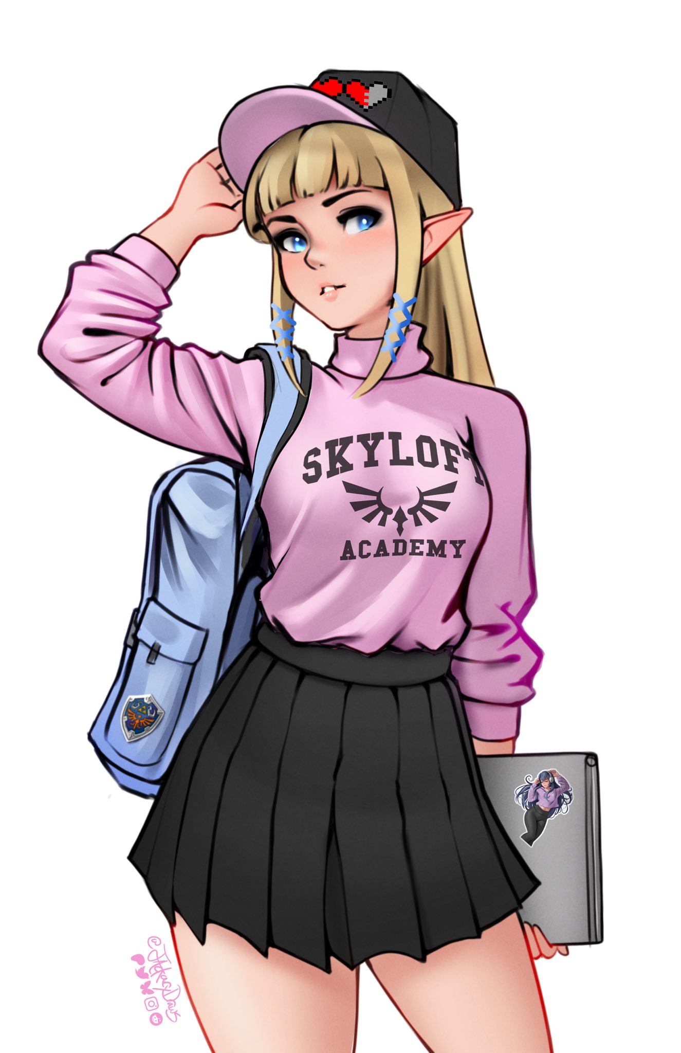 1girl, artist_name, backpack, bag, black_headwear, black_skirt, blonde_hair, blue_eyes