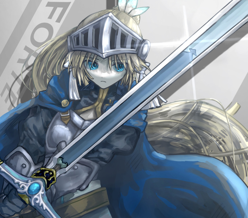 1girl, armor, armored_gloves, blonde_hair, blue_eyes, breastplate, cape, closed_mouth